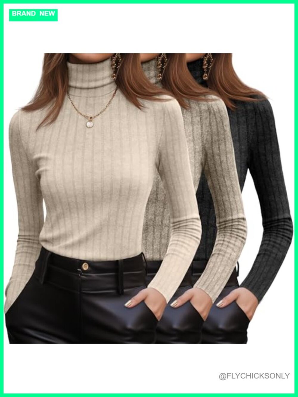 3 Pack Womens Turtleneck Long Sleeve Ribbed Knit Tops Slim Fit Pullover